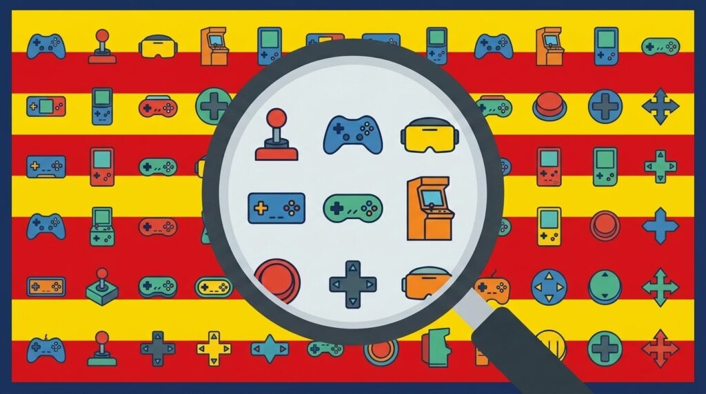 Il·lustració: lupa sobre icones de videojocs amb la senyera, cercador de videojocs en català