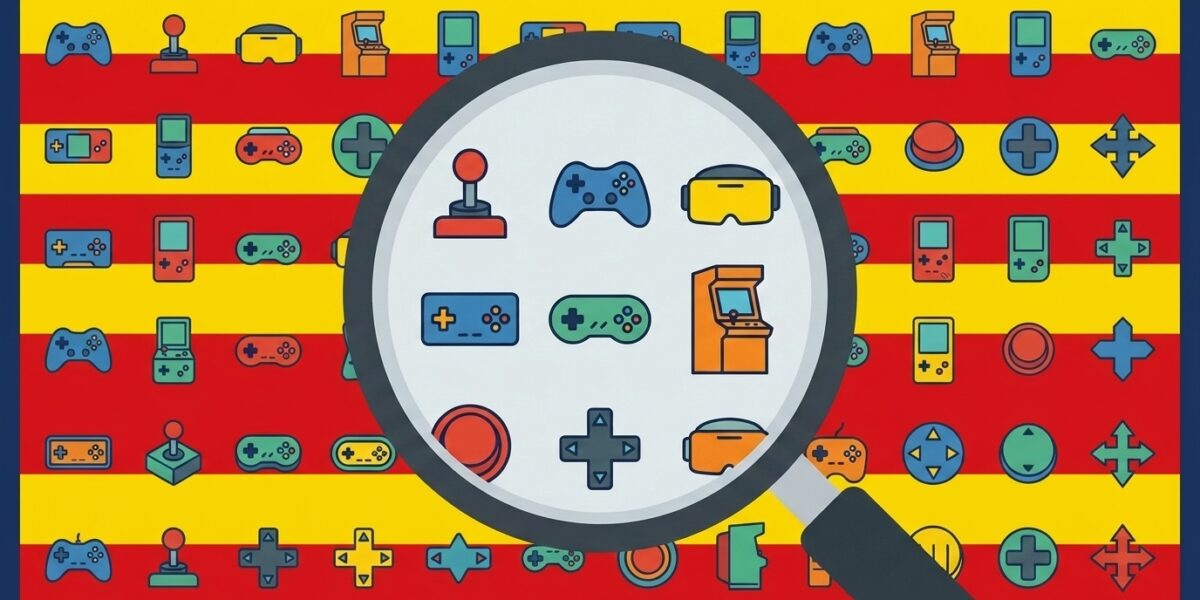 Il·lustració: lupa sobre icones de videojocs amb la senyera, cercador de videojocs en català