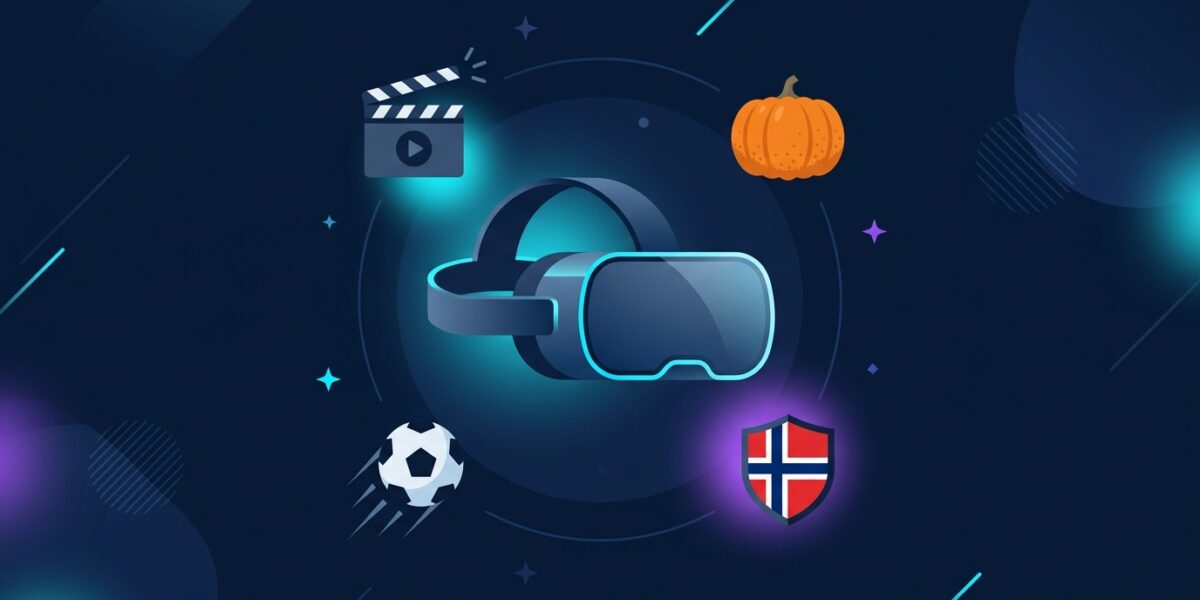 Resum setmanal VR/AR: visor de realitat virtual amb icones d'esport, cinema i Halloween