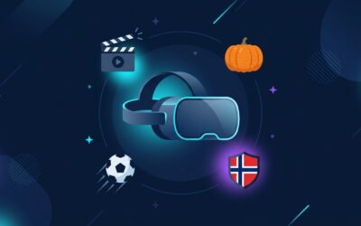 Resum setmanal VR/AR: visor de realitat virtual amb icones d'esport, cinema i Halloween